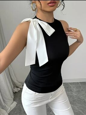 Classic Black Tank Top with White Shoulder Bow